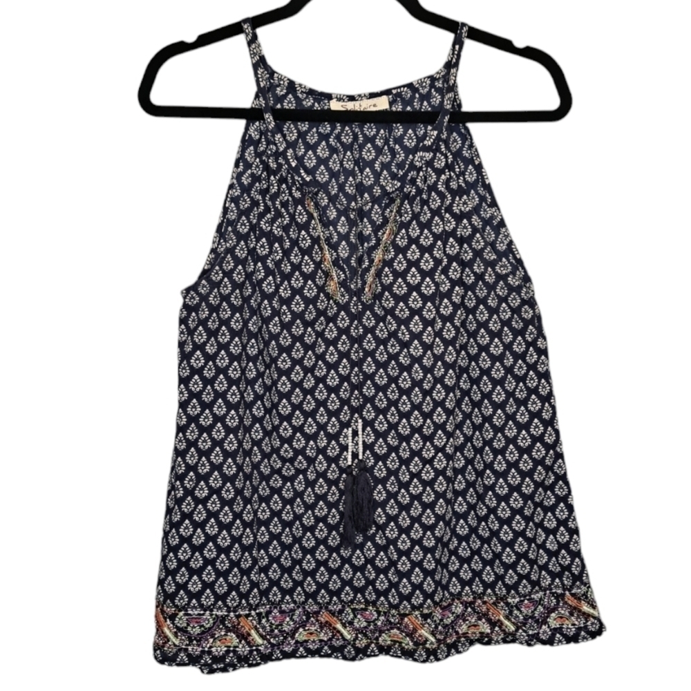 SOLITAIRE ◇ Boho Cami, Beaded Ties, Embroided Edge, Lightweight ◇ Medium ◇ EUC